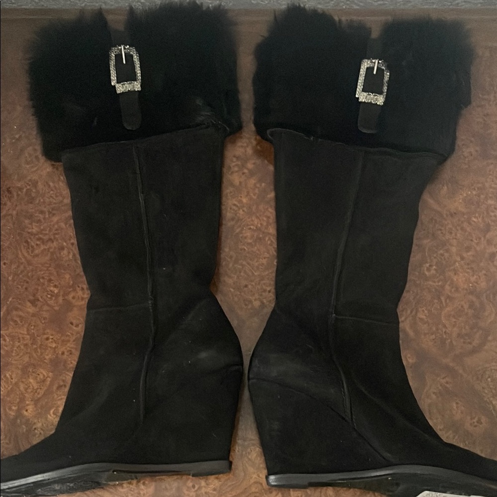 Black Suede Wedge Shoes with Textured Cuff